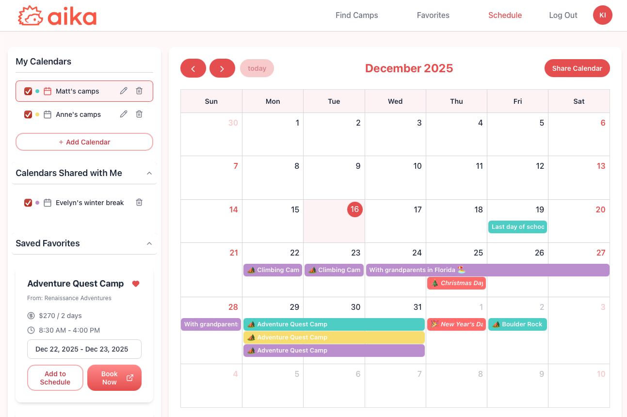 Calendar showing scheduled camps throughout the season